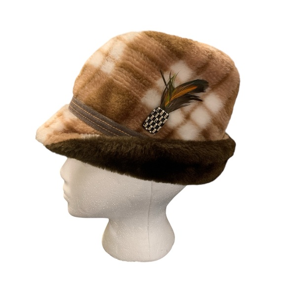 Vintage Faux Fur Brown and White Plaid Fedora Hat with Earflaps and Feather - Picture 3 of 8